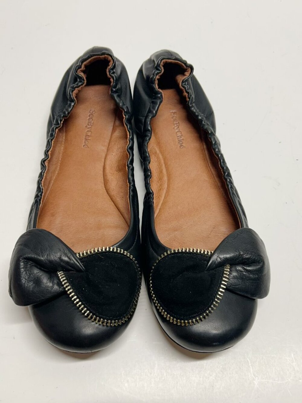 See By Chloe Black Leather Ballet Flats with Heart Zip Trim